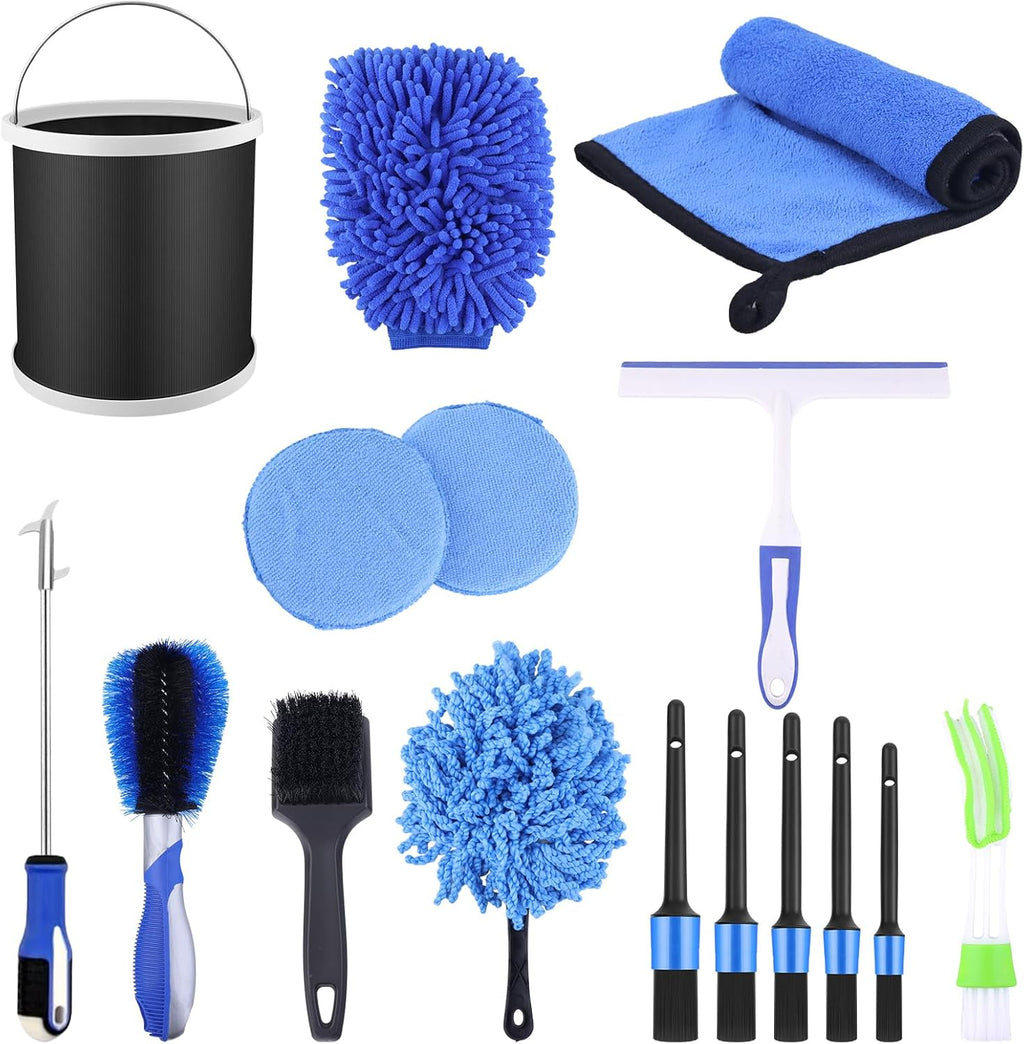 16-Piece Comprehensive Car Cleaning Kit for Exterior and Interior Care, Including Wheel Brush, Bucket, Air Vent Brush, Washing Gloves, Sponges, Window Scraper, Duster, and Detail Brush