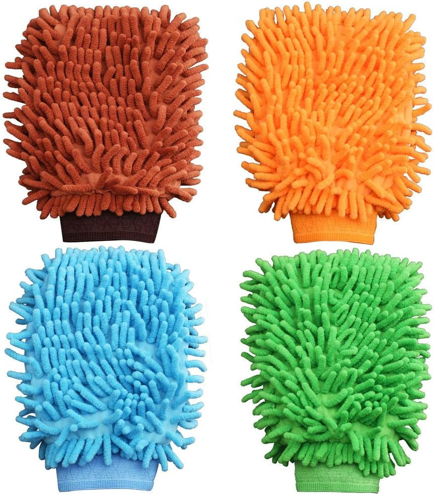 Set of 4 Double-Sided Microfiber Car Wash Mitts - Highly Absorbent Cleaning Gloves for Automotive and Household Use (Assorted Colors)