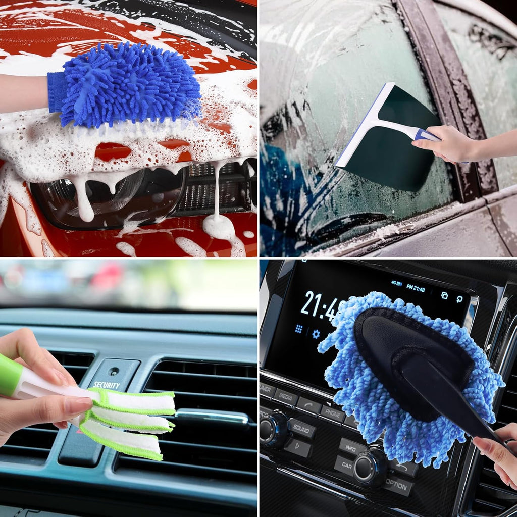 16-Piece Comprehensive Car Cleaning Kit for Exterior and Interior Care, Including Wheel Brush, Bucket, Air Vent Brush, Washing Gloves, Sponges, Window Scraper, Duster, and Detail Brush